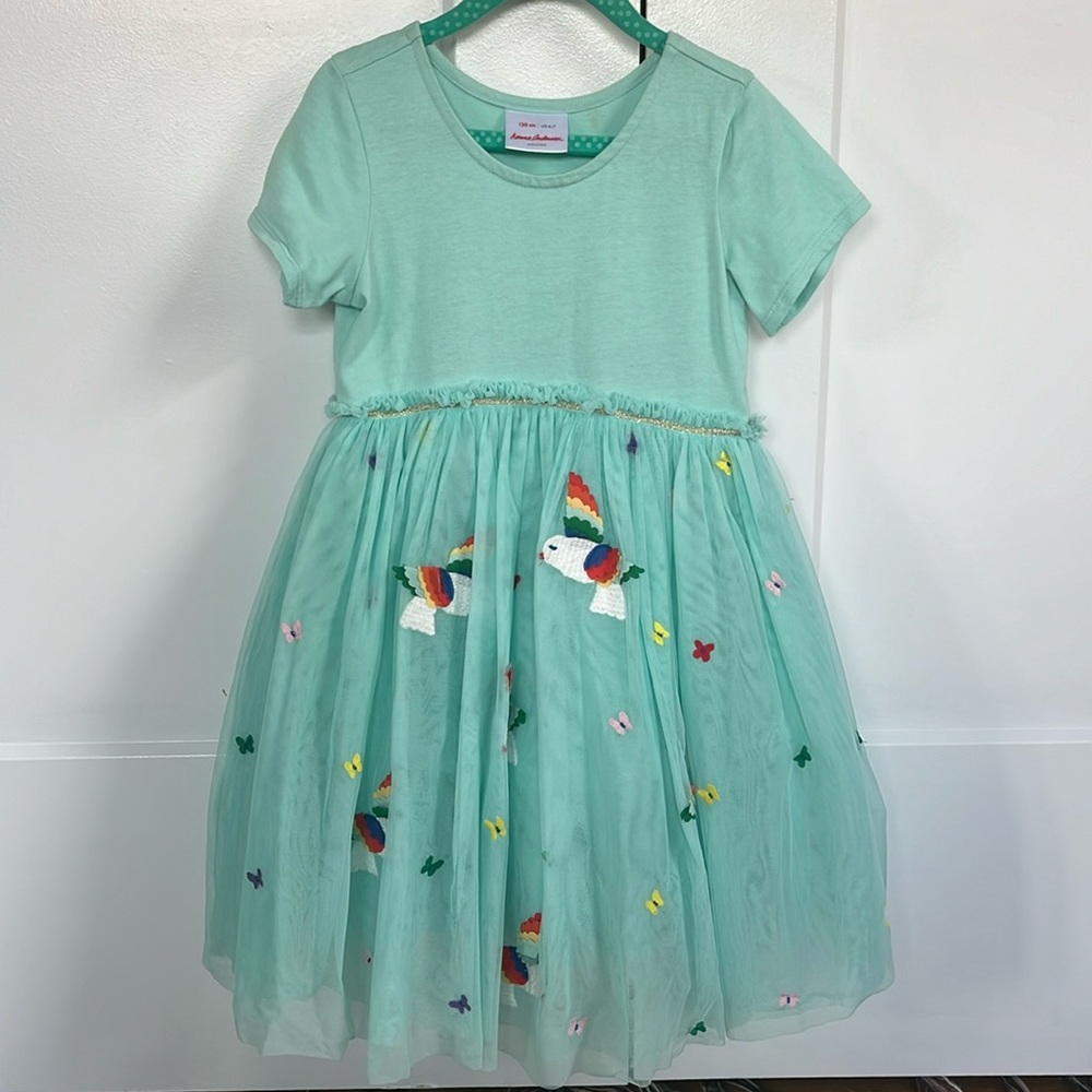 Hanna Andersson girls dress, teal, embroidered with birds and butterflies, 6-7